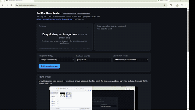 Demo of the GoldSrc Decal Maker: drop an image, pick options, build the WAD